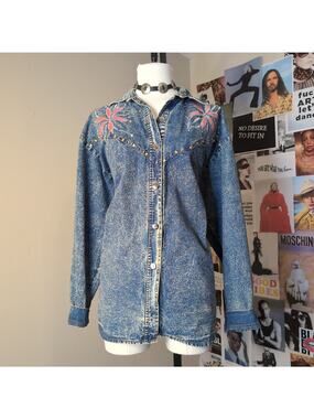 Acid Wash Denim Shirt with Floral Embroidery Western